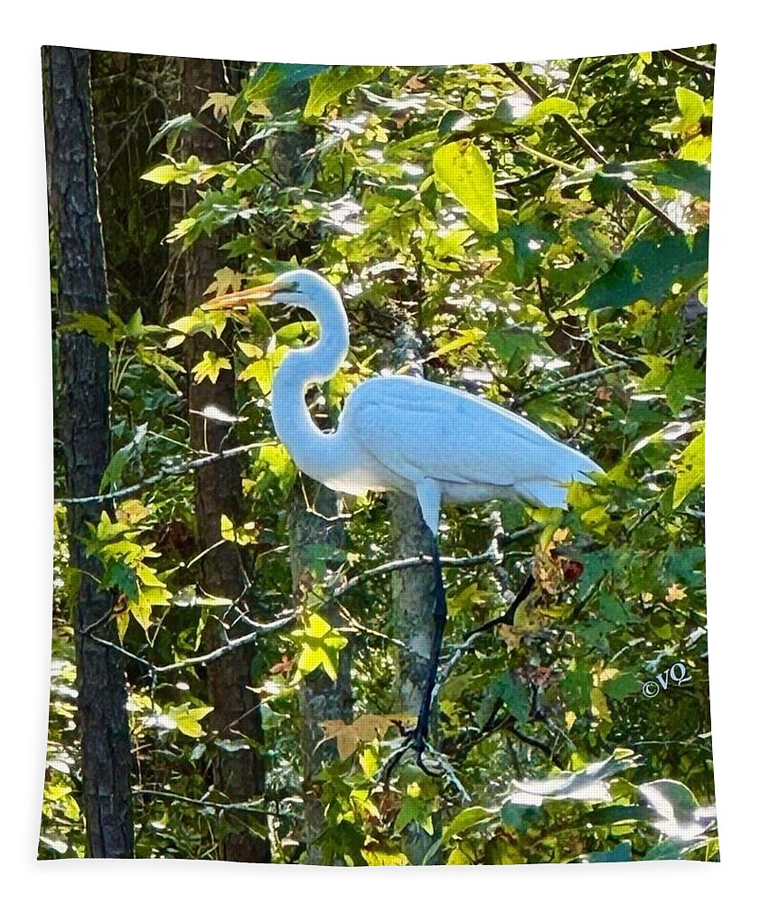 Egret Posing Among Lush Foliage - Tapestry