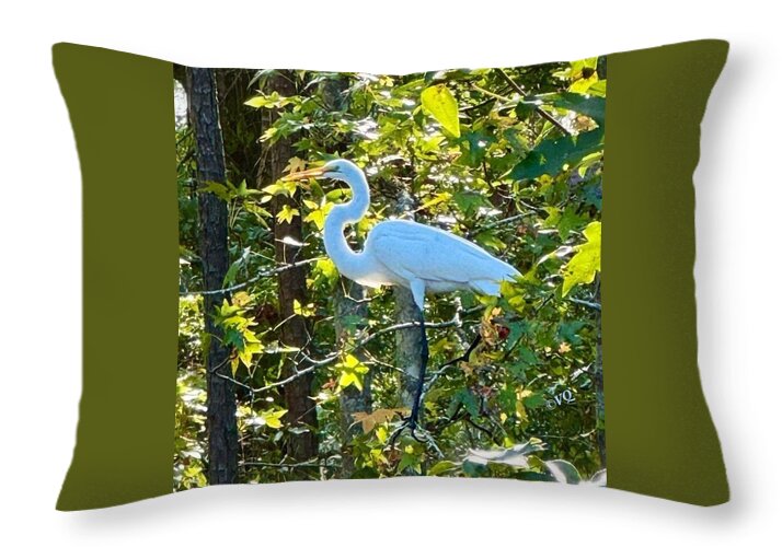 Egret Posing Among Lush Foliage - Throw Pillow