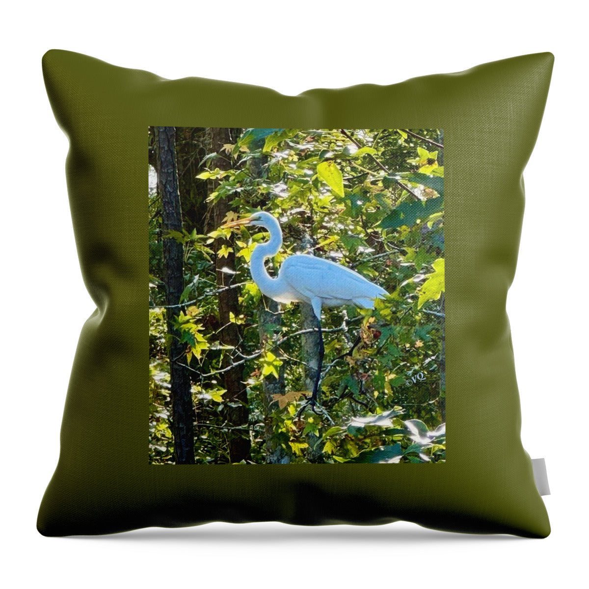 Egret Posing Among Lush Foliage - Throw Pillow