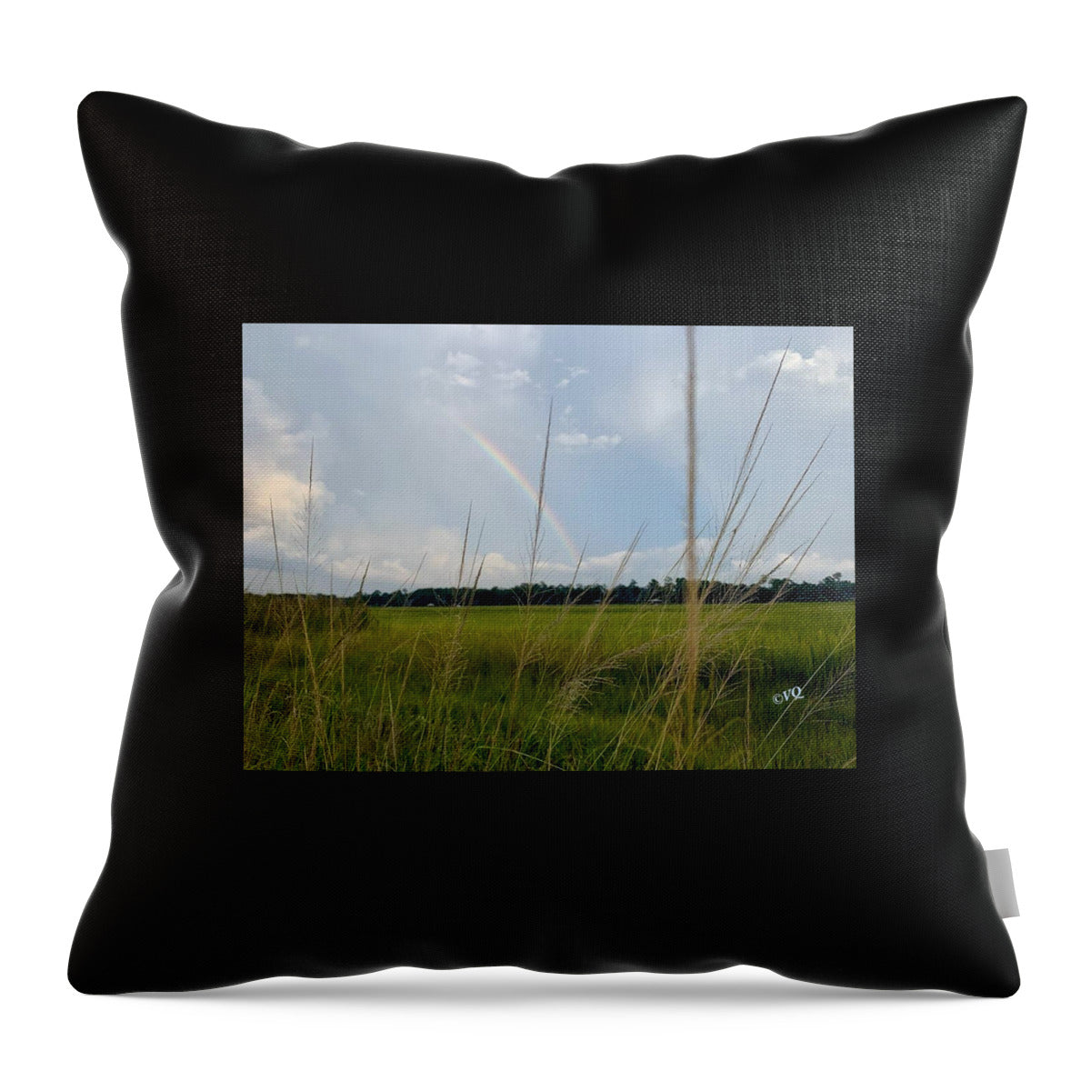 Rainbow Over Peaceful Meadow - Throw Pillow