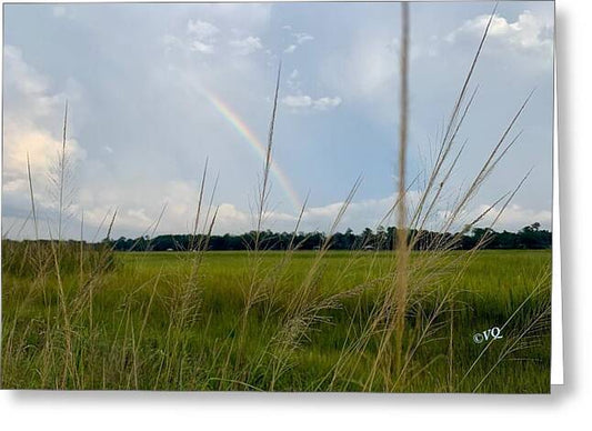 Rainbow Over Peaceful Meadow - Greeting Card