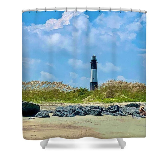 Serene Lighthouse by the Shoreline - Shower Curtain