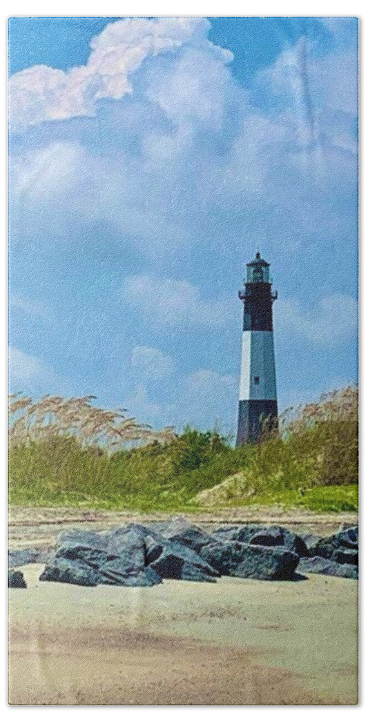 Serene Lighthouse by the Shoreline - Bath Towel