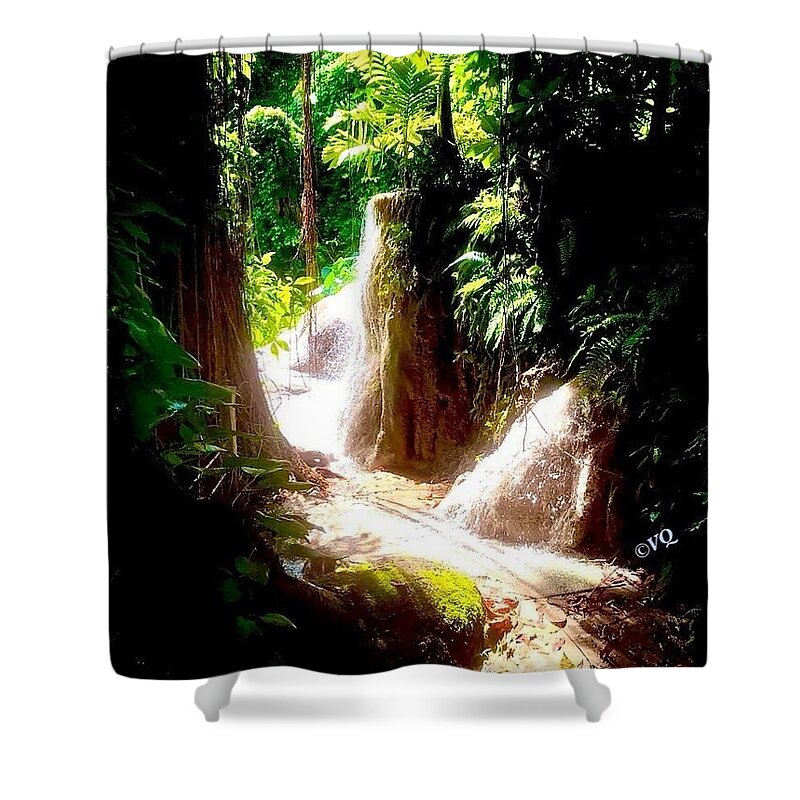 Sunlit Jungle Waterfall - Shower Curtain