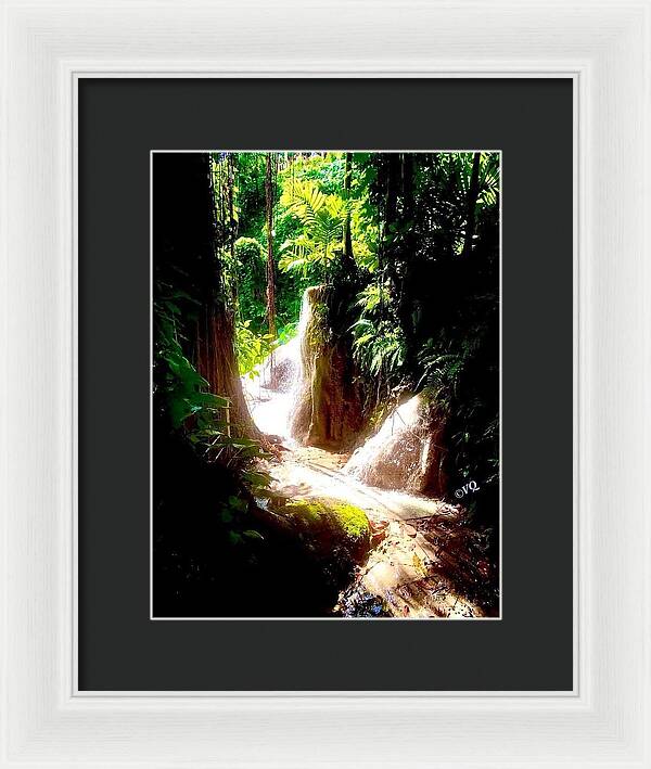 Sunlit Jungle Waterfall - Framed Print