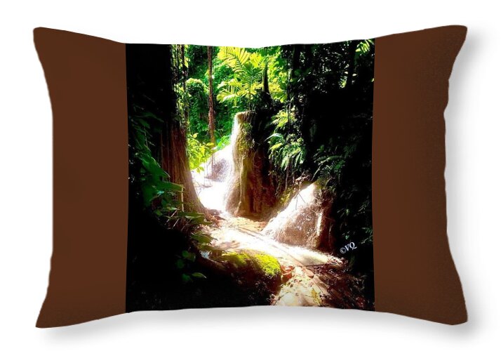 Sunlit Jungle Waterfall - Throw Pillow