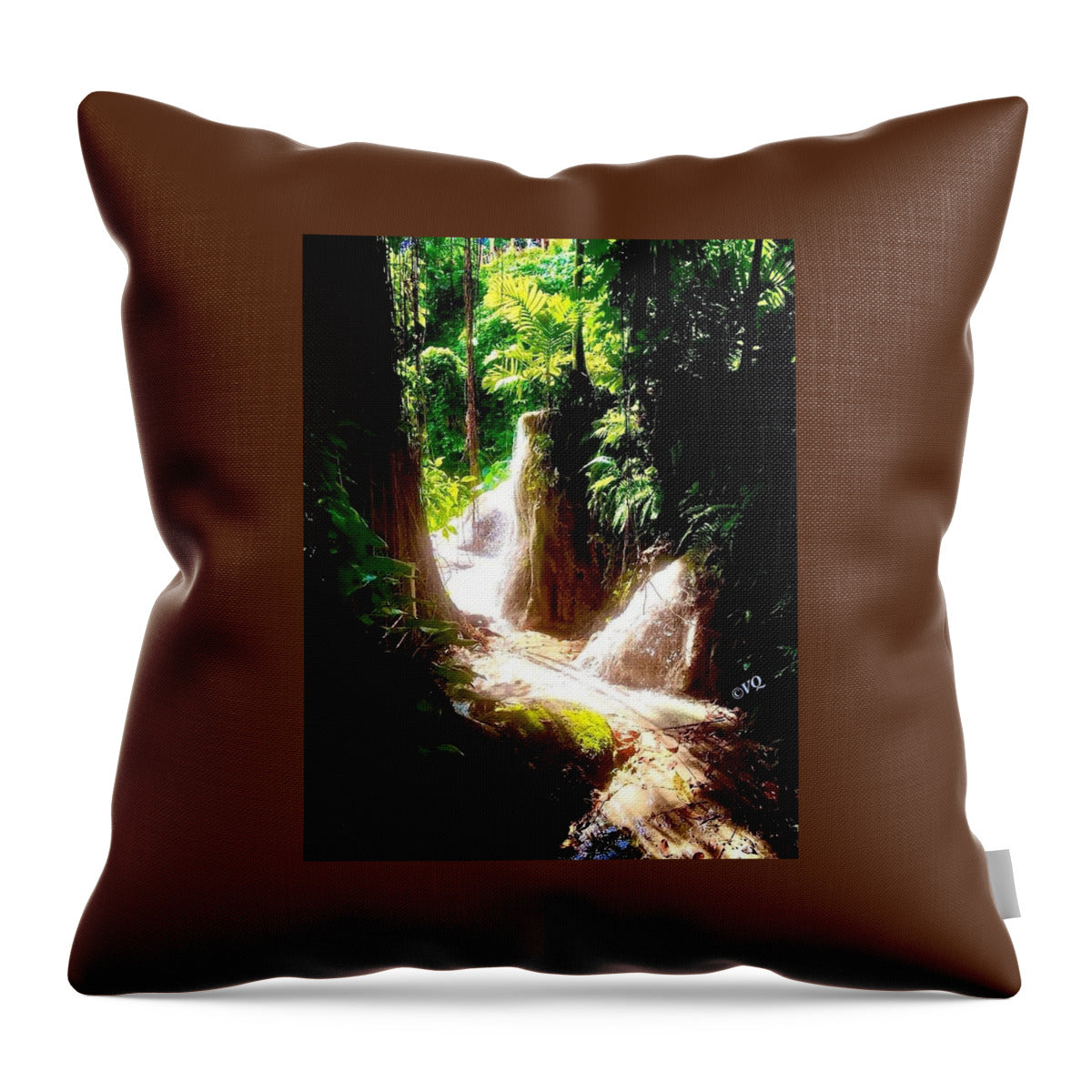 Sunlit Jungle Waterfall - Throw Pillow